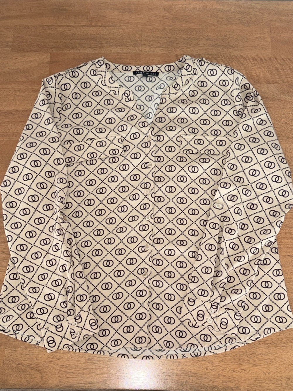 Como Black Cream Geometric Ruffle Blouse Womens Large Workwear